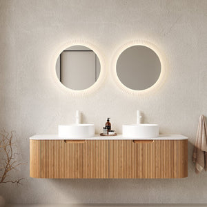English Elm Dina 60" Wall-Mounted Bathroom Vanity With 2 Round Sinks & Striped Wood Storage, Pre-Assembled W2615S00109