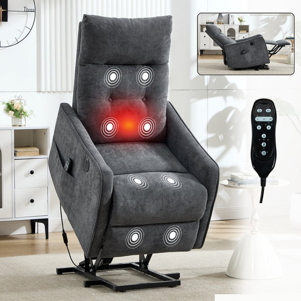 English Elm Beige Chenille Power Lift Recliner with Massage Heat and Usb for Senior Comfort Grey W1803P369077