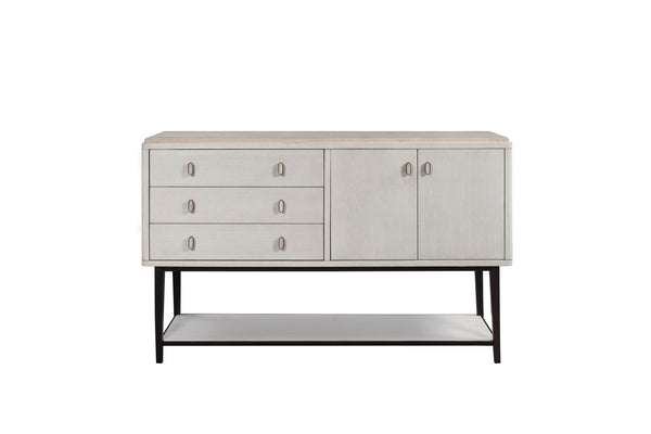 English Elm Vanilla Cream Oak Server with Metal Base, Soft‑Close Doors & Drawers, 3 Drawers 2 Doors Storage Finish B2699P296296