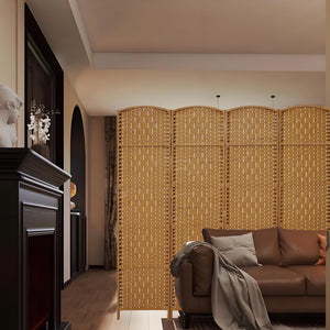 English Elm 4 Panel Room Divider Folding Screen Privacy Partition Wood Woven Panels Portable Rustic Room Splitter Natural Wood W3198P299263