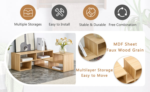 English Elm 2 Cube TV Stand with Modular L-Shaped Design, Adjustable 47–70" Length, Six Open Shelves, Durable MDF Burly Wood W3226P279109