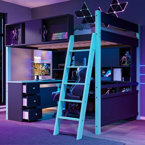 English Elm Full Size Gaming Loft Bed with Led Lighting Desk Drawers and Display Shelving Blue LT000263AAC