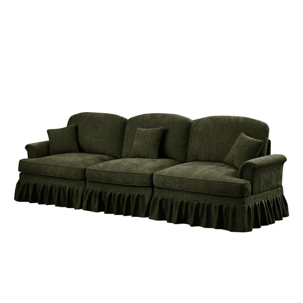 English Elm Elegant Mid Century 3-Seater Sofa With Flared Arms & Removable Skirts – Versatile Green Chenille Comfort W3041S00266