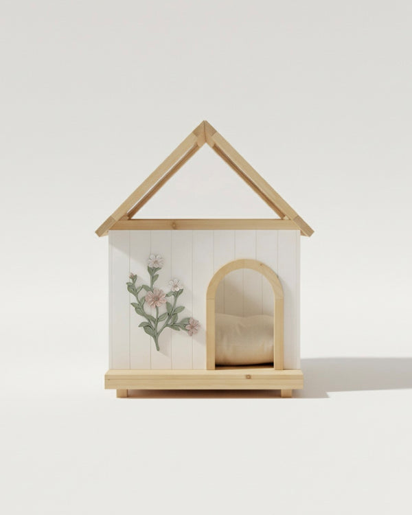 English Elm Daisy Cedar Pet House Acrylic Roof Floral Carved Indoor Outdoor Wooden Cat Shelter W3799P382526