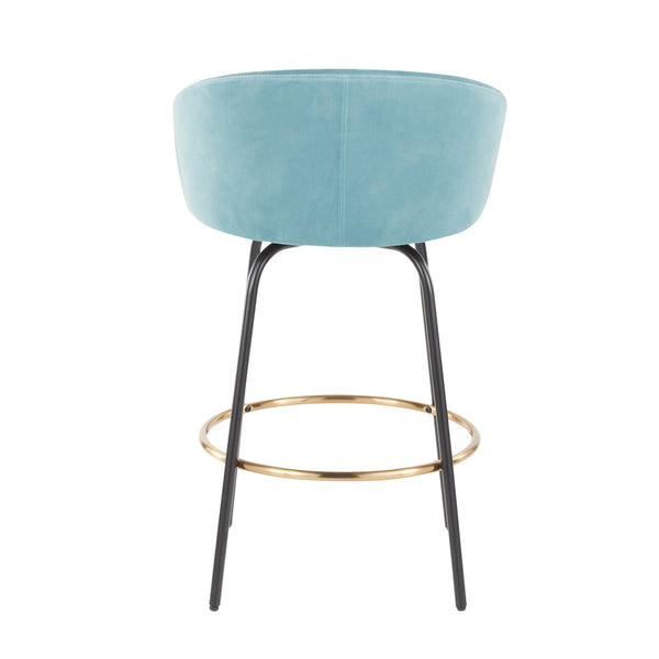 English Elm Claire Velvet Counter Stool Set of 2 — Contemporary Glam Blue Velvet, Gold Arms, Black Metal Frame, 250 lb Limit B202S00199