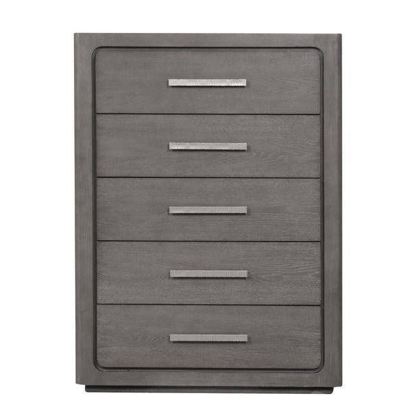 English Elm Unique Contemporary Chest with Cultured Stone Top, Reeded Panels, Silver Accents, Dovetail Drawers and Chrome Legs Warm Grey 42 L x 22 W x 56 H B2741P370873
