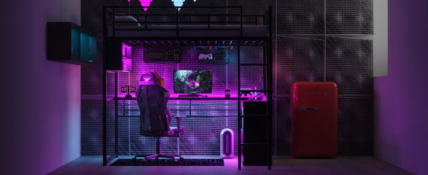 English Elm Full Metal Loft Bed with LED Desk & 4 Shelves, Black – Sturdy Full Frame, Color-Changing Lights, Compact GX000653AAB