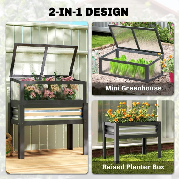 English Elm Flowers Elevated Fir Wood Raised Planter with Cold Frame Greenhouse Lid for Patio Gardens Gray T3971P476372