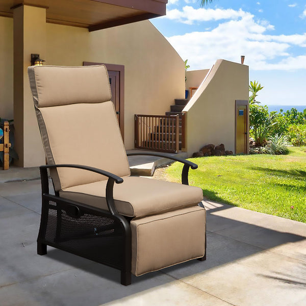 English Elm Adjustable Patio Recliner Chair with Flip Side Table, Ergonomic Cushions, Heavy-Duty Steel, 350lb Support Beige W1859P196335