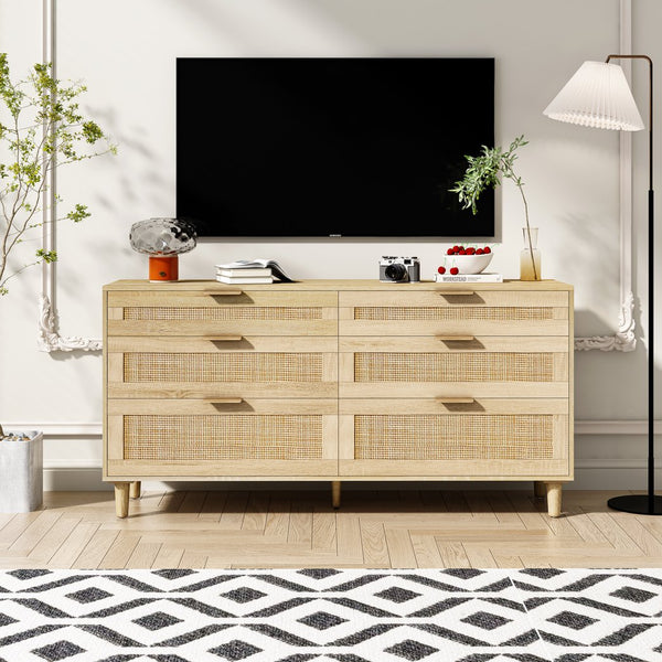 English Elm 59" Rattan Dresser with 6 Drawers – Stylish Natural Wood Finish, Metal Handles & Legs for Bedroom Storage W757P318420