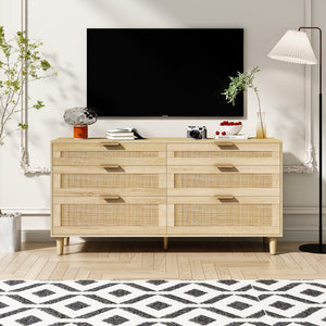 English Elm 59" Rattan Dresser with 6 Spacious Drawers, Stylish Woven Texture, Metal Handles & Wood Legs for Bedroom Natural W757P209511