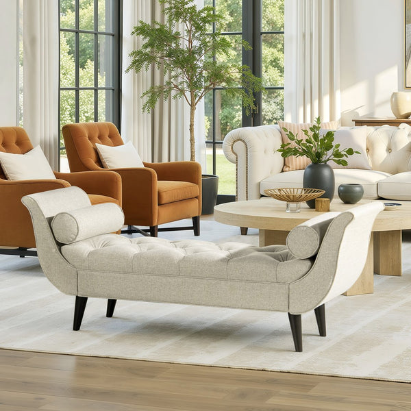 English Elm Jennifer Taylor Home - Alma Tufted Flared Arm Entryway Bench Taupe Polyester with Bolster Pillows, 64.5" Length, Espresso Legs B2719P364405