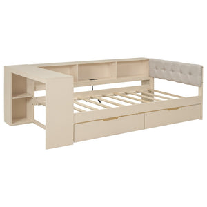 English Elm Wood Twin Size Platform Bed With Usb Charging, Storage Drawers, Upholstered Headboard In Cream GX002107AAC-1-GIGA