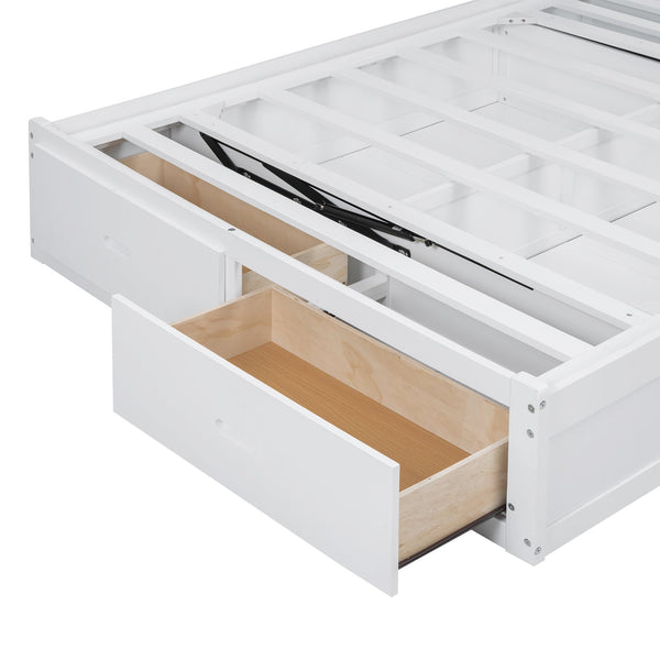 English Elm Wood Queen Size Hydraulic Platform Bed with LED Headboard, Charging Station, Hidden Storage Drawers and Shelves White GX000372AAK