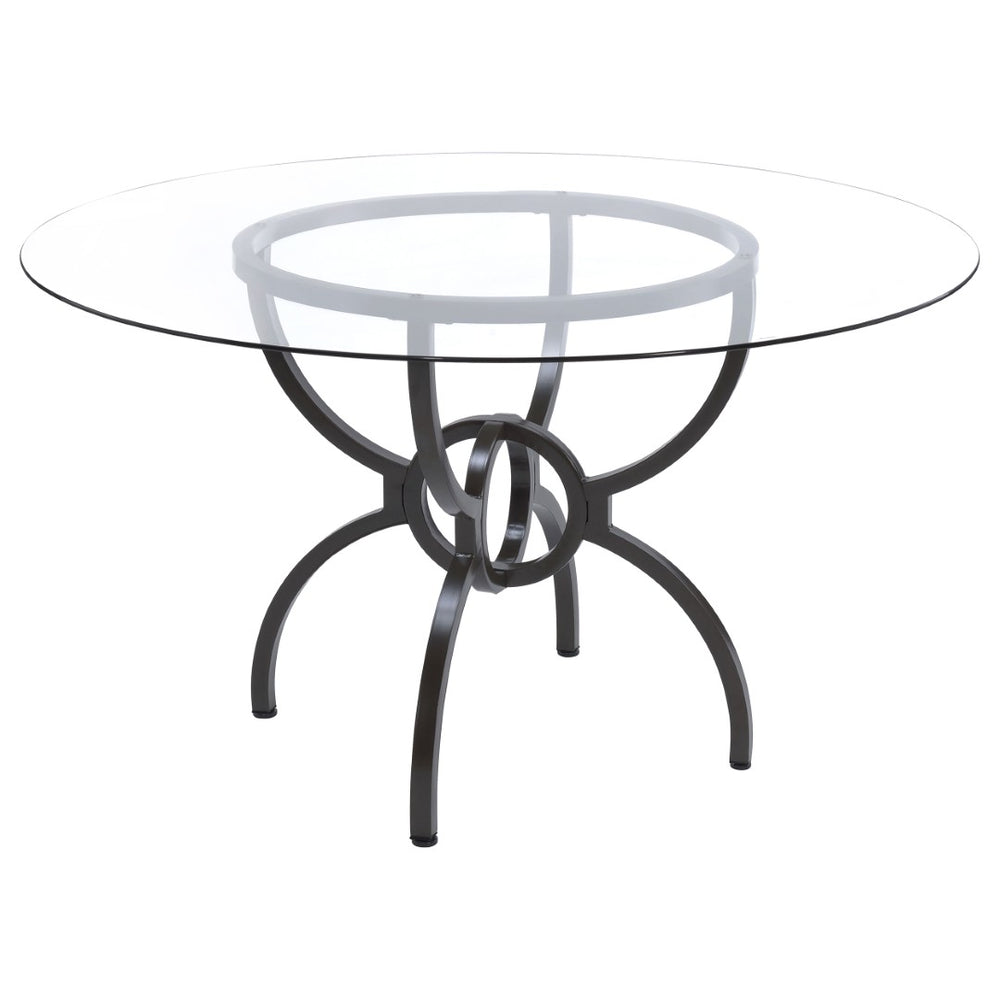 English Elm Marina Round Glass Top Dining Table with Sculptural Gunmetal Base Seats Four B062S01809