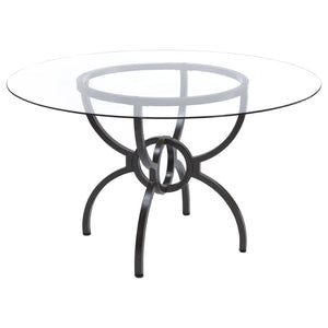 English Elm Marina Round Glass Top Dining Table with Sculptural Gunmetal Base Seats Four B062S01809