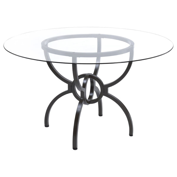 English Elm Marina Round Glass Top Dining Table with Sculptural Gunmetal Base Seats Four B062S01809
