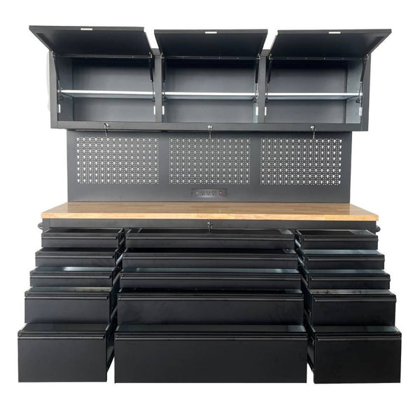 English Elm 72" Steel Rolling Tool Cabinet with Wood Benchtop 15 Drawers and Overhead Storage W5675P455304