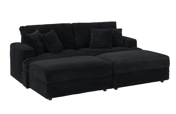 English Elm 82-Inch Black Corduroy Sofa With Storage Footrests & 4 Washable Pillows – Chic Living Room Upgrade! W1658S00114