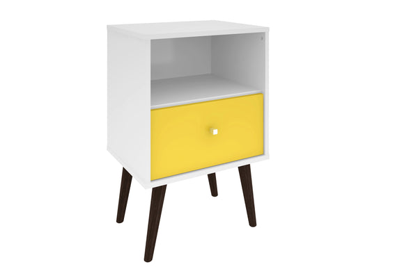 English Elm Liberty 18" Nightstand with Drawer and Open Cubby, Mid-Century Splayed Legs, Durable Storage Guide Yellow+White B365P398510