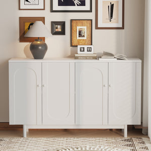 English Elm Stylish 4-Door Intaglio Storage Cabinet with Pine Legs and Solid Wood Pulls, Mid-Century Modern Console White W757P151917