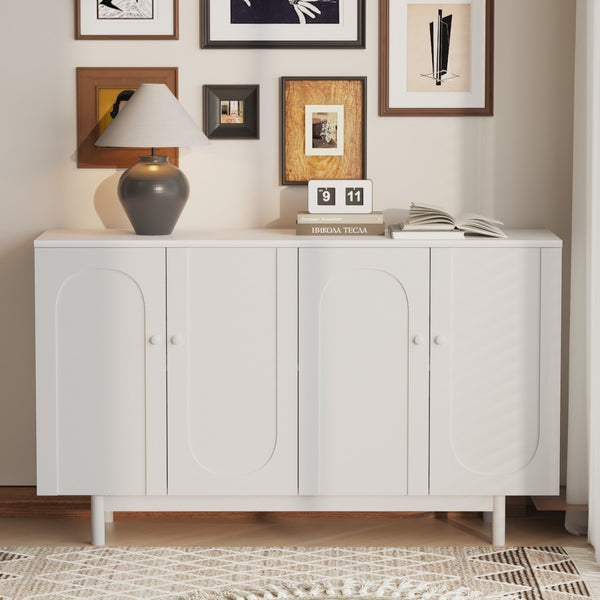 English Elm Stylish 4-Door Intaglio Storage Cabinet with Pine Legs and Solid Wood Pulls, Mid-Century Modern Console White W757P151917