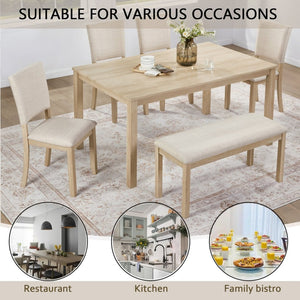 English Elm 6 Piece Rubberwood Dining Set with Bench and Linen Chairs for Transitional Kitchen W1998S00085