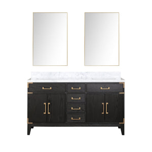 English Elm Black Oak Double Bath Vanity 60" W x 22" D with Polished Carrara Marble Top, Soft-Close Drawers & Mirrors B2731S02149