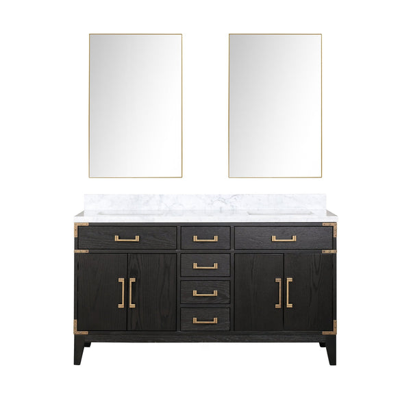 English Elm Black Oak Double Bath Vanity 60" W x 22" D with Polished Carrara Marble Top, Soft-Close Drawers & Mirrors B2731S02149