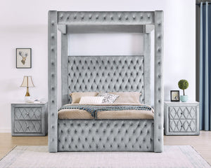 English Elm 1pc Majestic Canopy Four-Poster Queen Bed with Tufted Velvet Headboard & Footboard, Luxurious Statement Gray 62 L x 45.25 W x 7 H B2741S00128