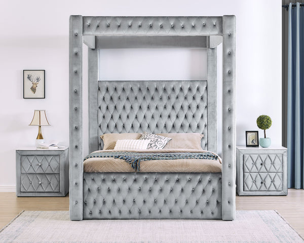 English Elm 1pc Majestic Canopy Four-Poster Queen Bed with Tufted Velvet Headboard & Footboard, Luxurious Statement Gray 62 L x 45.25 W x 7 H B2741S00128