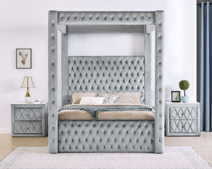 English Elm 1pc Velvet Tufted Nightstand with Faux Marble Top, Crystal Knobs and Two Drawers for Luxe Bedroom Gray 28.03 L x 20.28 W x 27.17 H B2741P321093