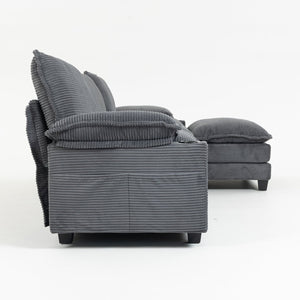 English Elm 113" Modern 3+1 L-Shaped Corduroy Sofa with Double-Layer Cushions, Cup Holders & Storage Bags DARK GREY W2715S00004