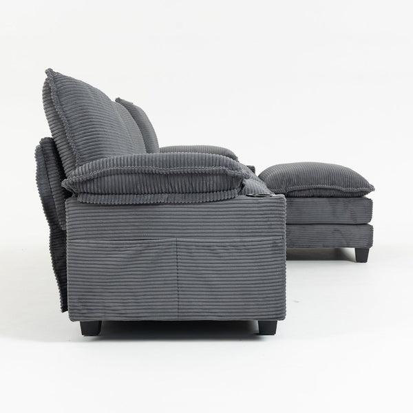 English Elm 113" Modern 3+1 L-Shaped Corduroy Sofa with Double-Layer Cushions, Cup Holders & Storage Bags DARK GREY W2715S00004