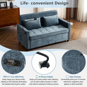 English Elm 56.9" Loveseat Sofa Bed with Chenille Upholstery, USB Ports, Phone Holder, Side Pockets, Reclining Backrest Blue N719P208853R