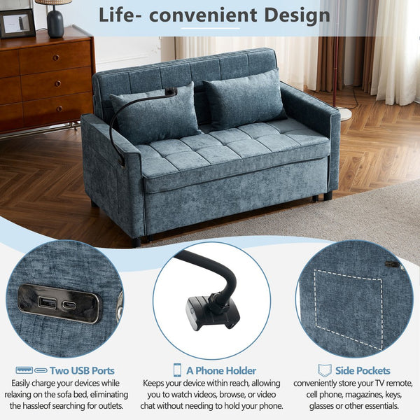 English Elm 56.9" Loveseat Sofa Bed with Chenille Upholstery, USB Ports, Phone Holder, Side Pockets, Reclining Backrest Blue N719P208853R