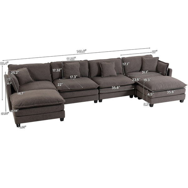 English Elm Modern Chenille Sectional Sofa Modular Sleeper with Ottoman Chaise and Waist Pillows Antique Grey W2530S00021