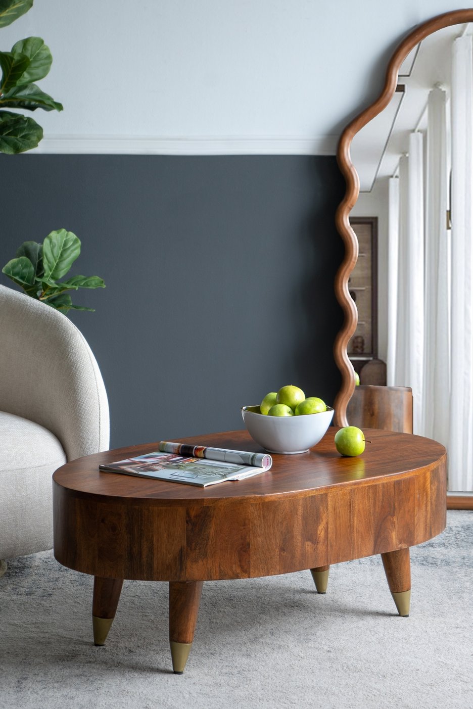 English Elm 39x24x15" Organic Mango Wood Oval Coffee Table with Multicolored Iron Legs, Large 39W x24D x15H Display Surface W2078P293818