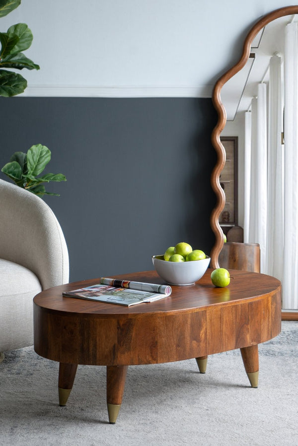 English Elm 39x24x15" Organic Mango Wood Oval Coffee Table with Multicolored Iron Legs, Large 39W x24D x15H Display Surface W2078P293818