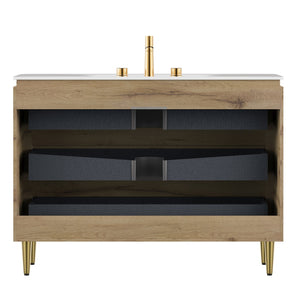 English Elm AMARA 48" Bathroom Vanity with Integrated Sintered Stone Basin, Pre-Assembled Plywood Cabinet, 3 Drawers, Motion Light Carrara White,White Oak W2615P346337