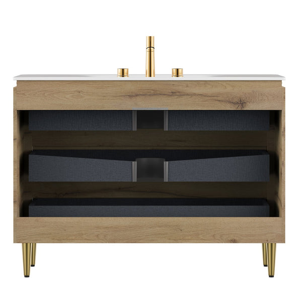 English Elm AMARA 48" Bathroom Vanity with Integrated Sintered Stone Basin, Pre-Assembled Plywood Cabinet, 3 Drawers, Motion Light Carrara White,White Oak W2615P346337