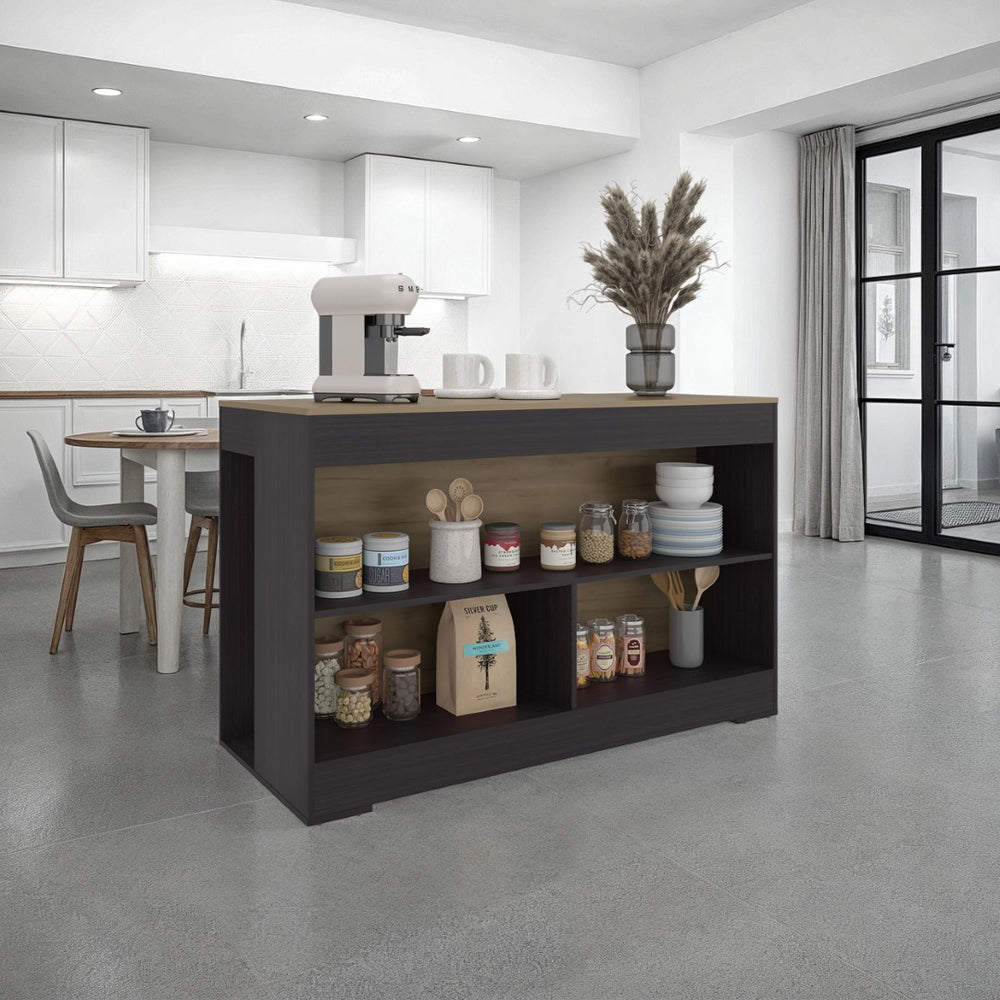 English Elm Makoti Two-tone Kitchen Island with Three Open Shelves for Modern Cooking Spaces B097S00259