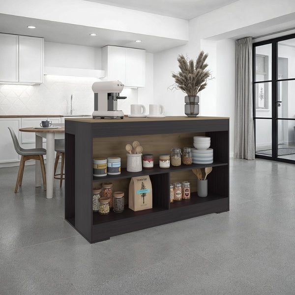 English Elm Makoti Two-tone Kitchen Island with Three Open Shelves for Modern Cooking Spaces B097S00259