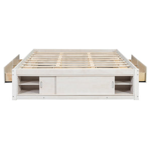 English Elm Queen Platform Bed with Four Storage Drawers Footboard Cubby Modern Low Profile Frame White LP000138AAK