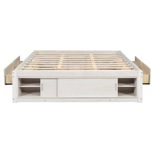 English Elm Queen Platform Bed with Four Storage Drawers Footboard Cubby Modern Low Profile Frame White LP000138AAK
