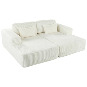 English Elm U_Style Corduroy Double Sofa Bed with Plush Supportive Sponge-Spring Seats and Removable Back Cushions White WY000449AAK