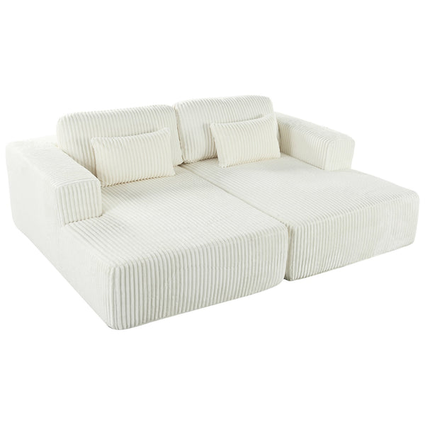 English Elm U_Style Corduroy Double Sofa Bed with Plush Supportive Sponge-Spring Seats and Removable Back Cushions White WY000449AAK