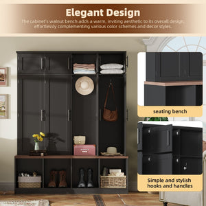 English Elm Farmhouse Hall Tree with Triple Arch Back Panel Eight Hooks Drawers and Entryway Bench Black N721S000059B-1