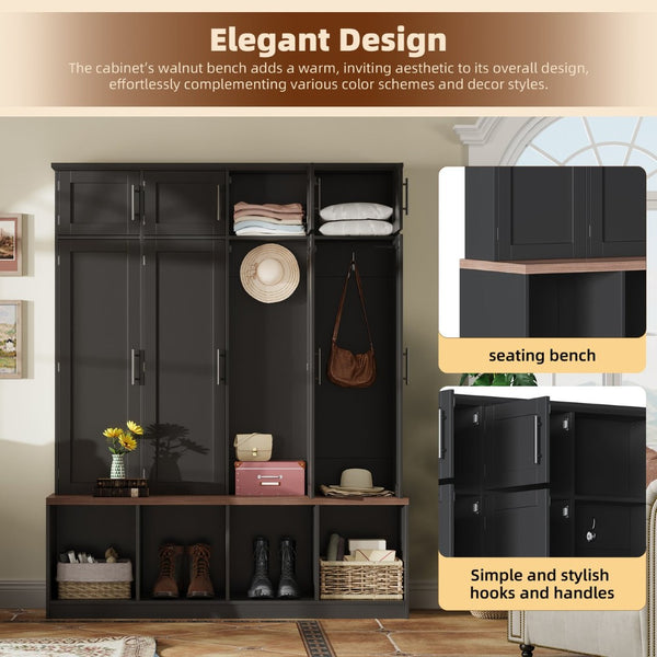 English Elm Farmhouse Hall Tree with Triple Arch Back Panel Eight Hooks Drawers and Entryway Bench Black N721S000059B-1