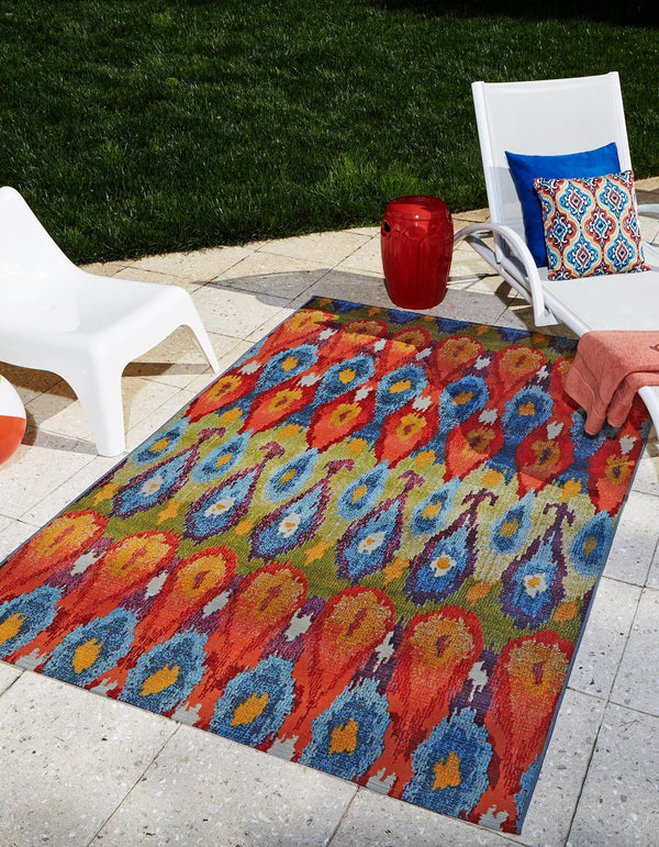 Unique Loom Outdoor Modern Ikat Machine Made Ikat Rug Multi, Burgundy/Gold/Green/Navy Blue/Orange/Red/Olive 5' 3" x 8' 0"